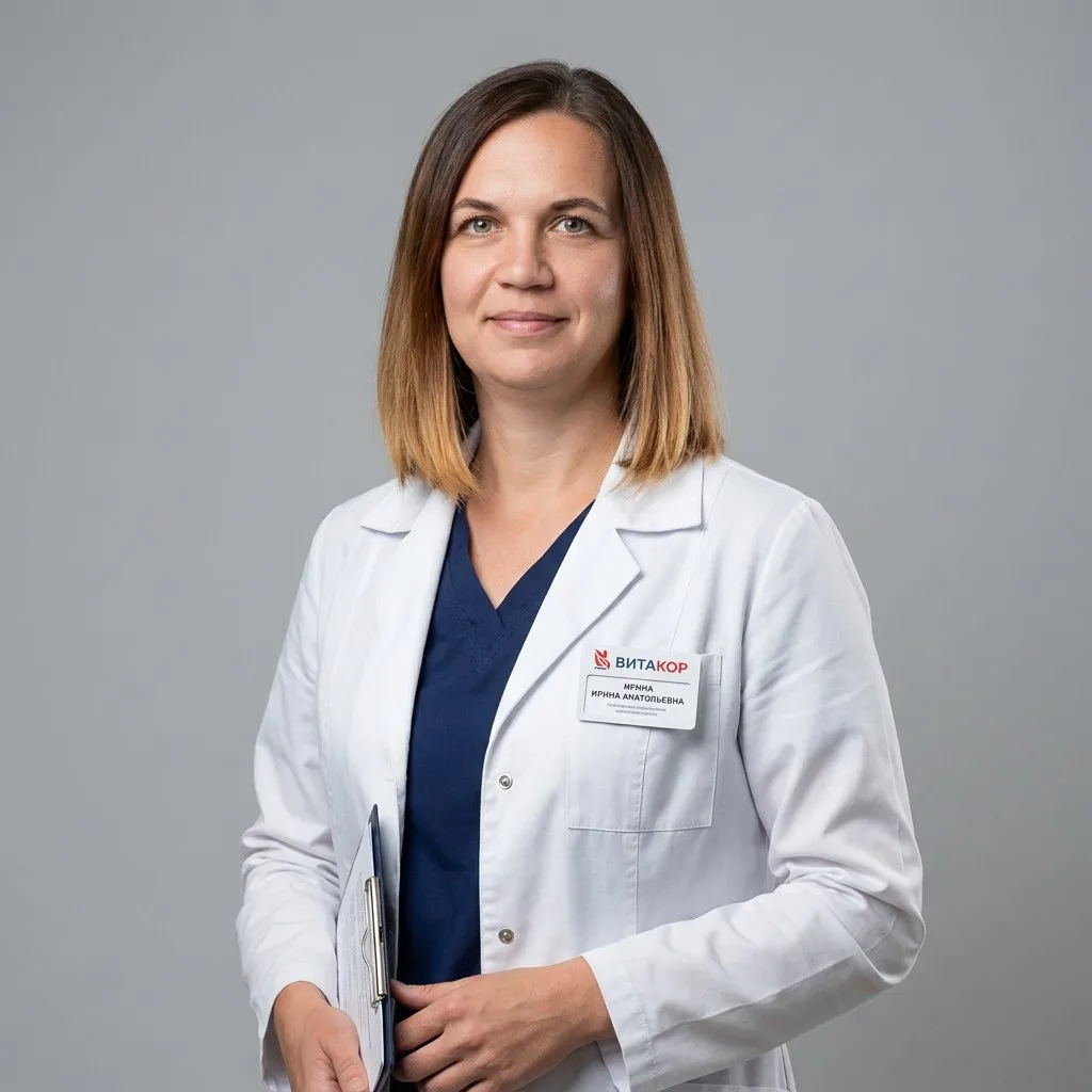 Female doctor in a white coat stands against a gray background, holding a clipboard and displaying a name badge on the chest.
