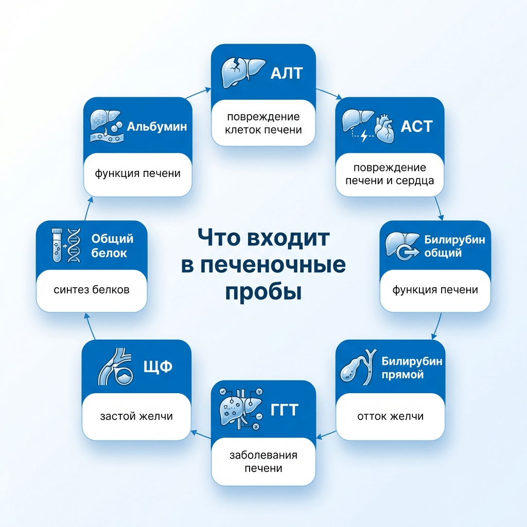 Компоненты печеночных проб — инфографика