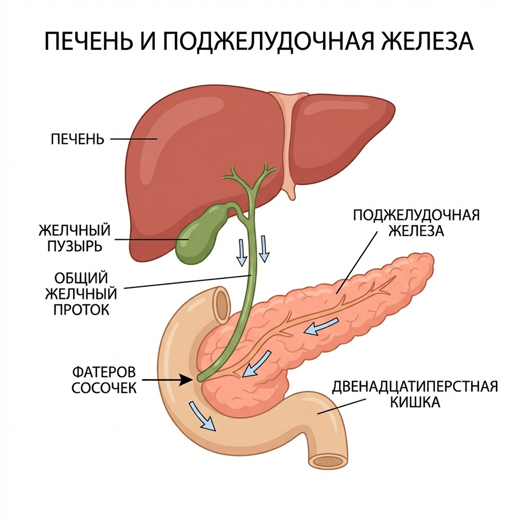 Анатомическая схема печени и поджелудочной железы