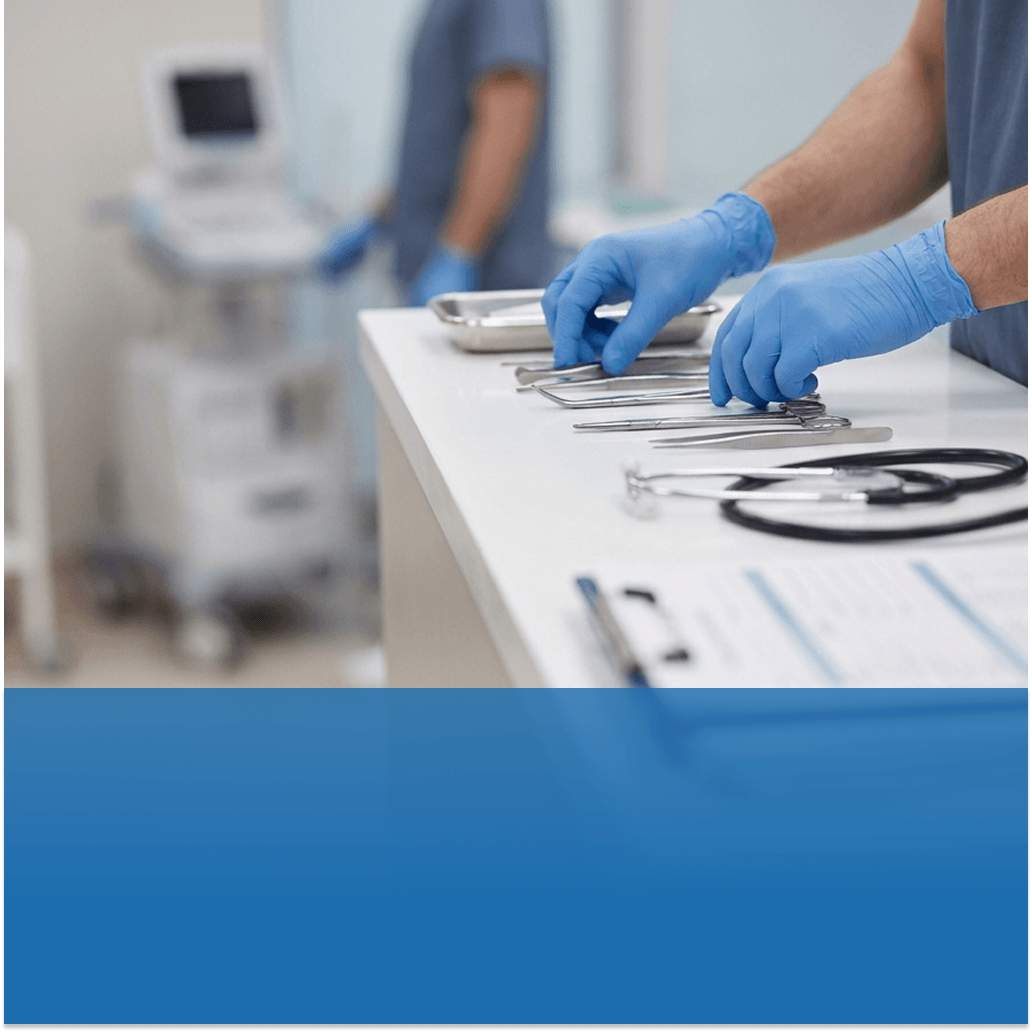 Medical professionals in blue gloves arranging surgical instruments on a white clinic counter, with a stethoscope nearby.