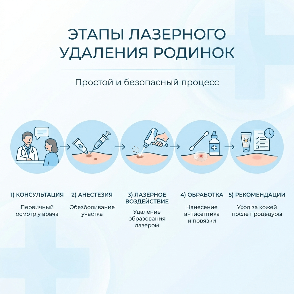 Этапы удаления родинки лазером