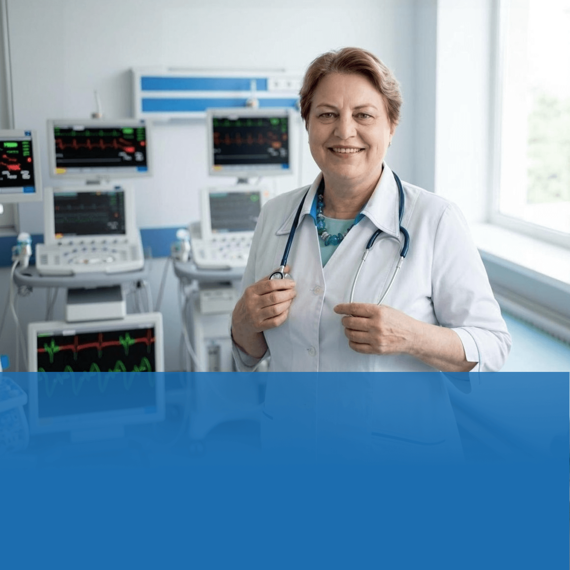 Smiling female doctor with a stethoscope in a bright hospital room, monitors and medical equipment in the background.