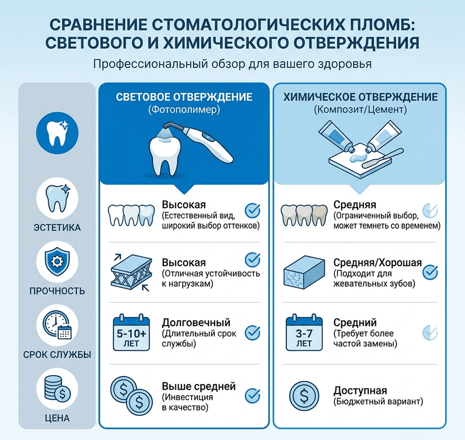 какая пломба лучше световая или химическая
