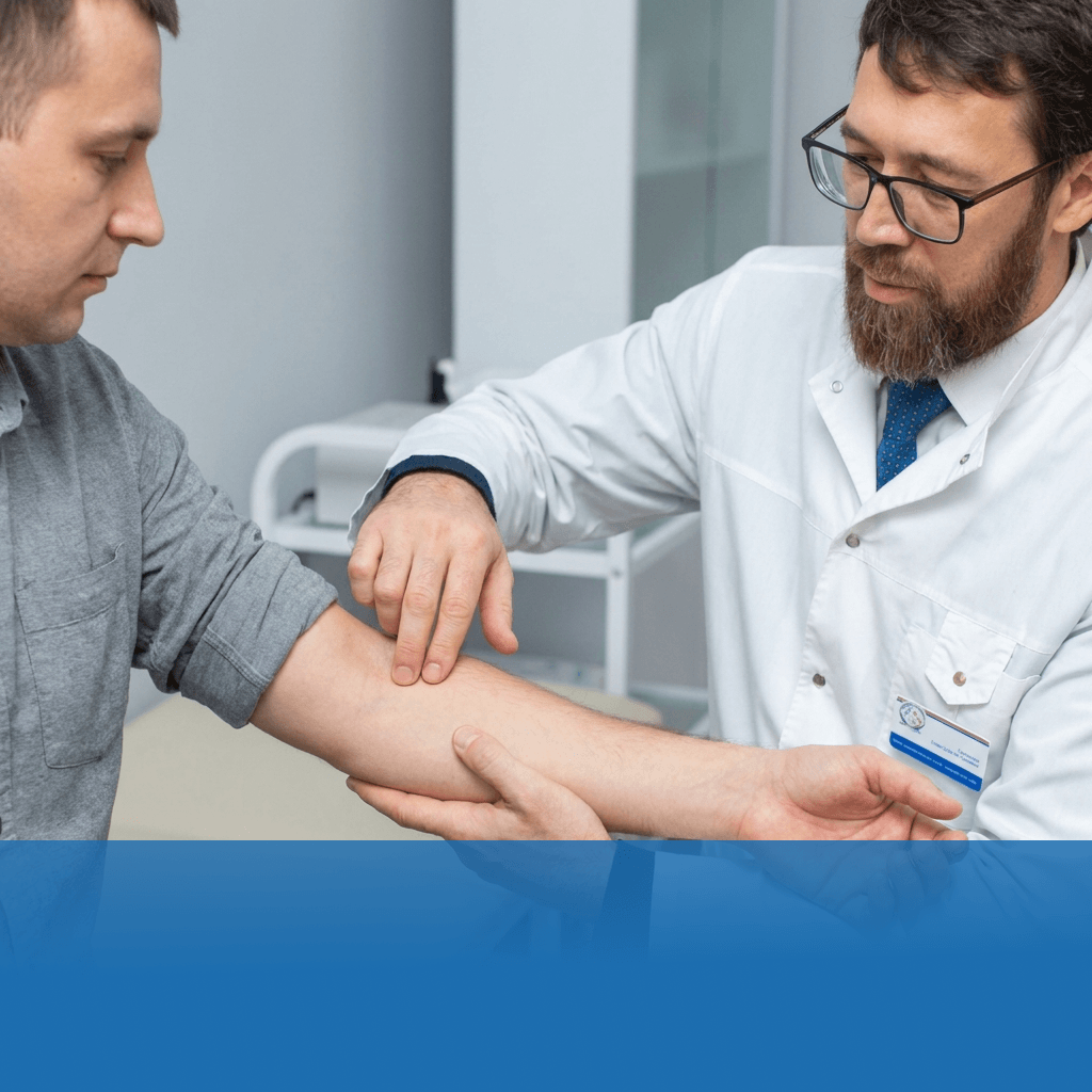 Doctor in a white coat examines a patient’s forearm during a clinical checkup in a medical setting, with the patient seated nearby.