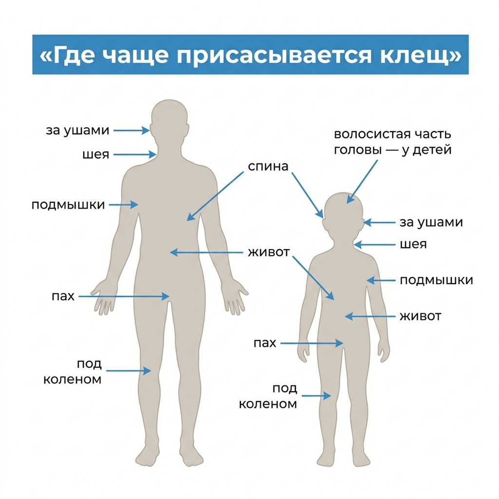 где чаще всего присасывается клещ на теле человека