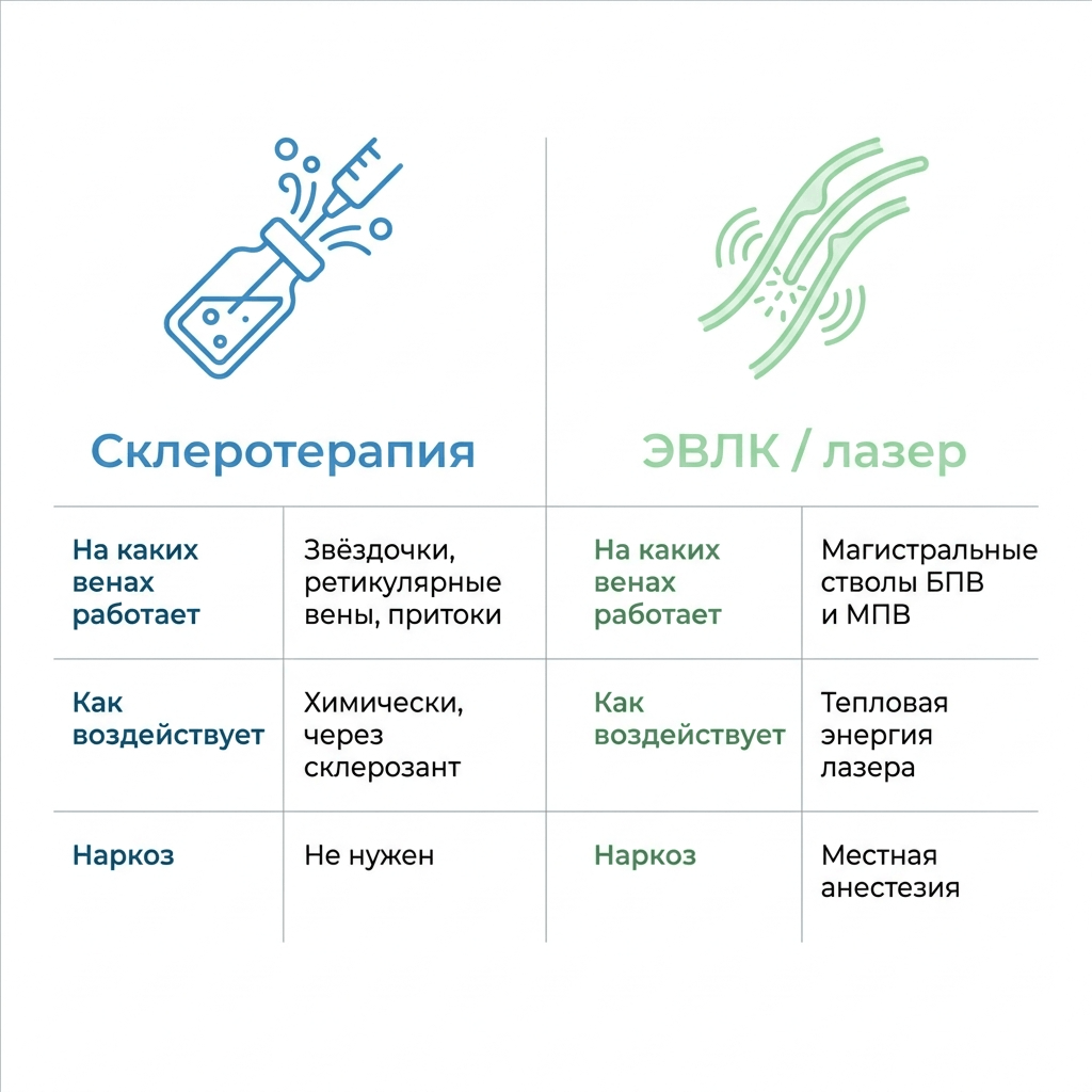 сравнение склеротерапии и ЭВЛК